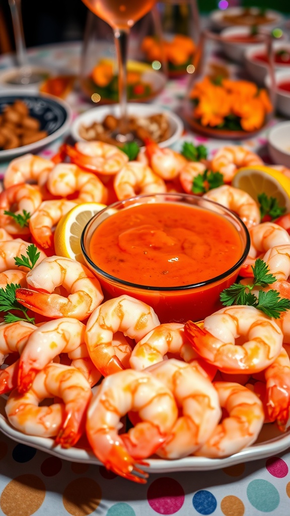 A classic shrimp cocktail platter with shrimp, cocktail sauce, lemon wedges, and parsley on a festive table.